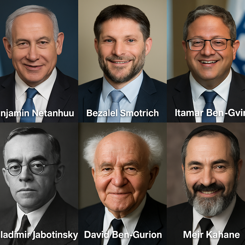 Composite portrait of six prominent Zionist figures. Top row, in color: Benjamin Netanyahu, Bezalel Smotrich, and Itamar Ben-Gvir, all smiling in formal attire. Bottom row, in black and white: Ze'ev Jabotinsky, David Ben-Gurion, and Meir Kahane, also shown smiling in suit and tie.