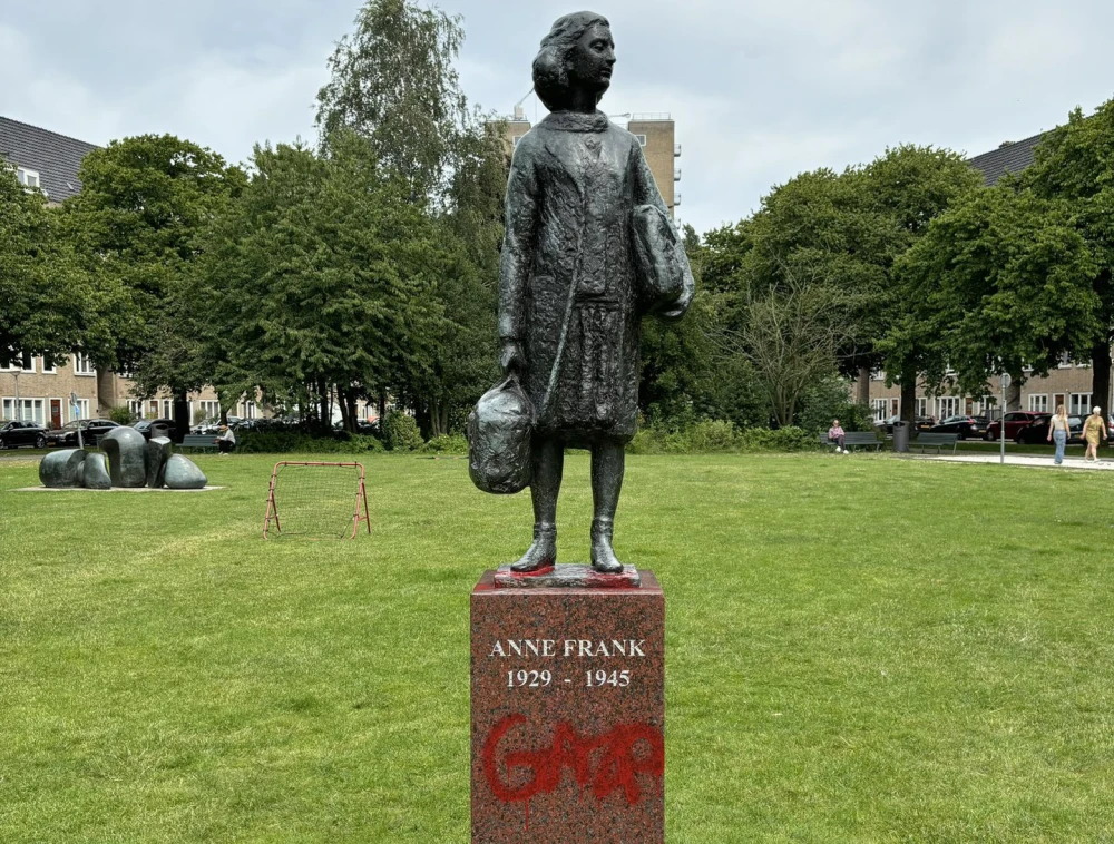 Anne Frank Statue Netherlands, with Gaza reference.